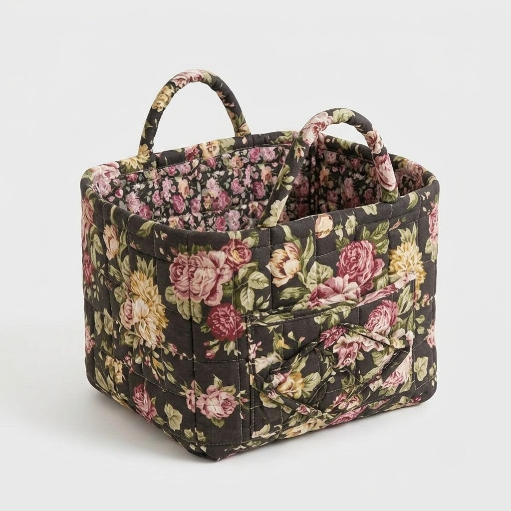 A fabric storage basket with a dark floral print, featuring two top handles and a front pocket, photographed on a light gray background.