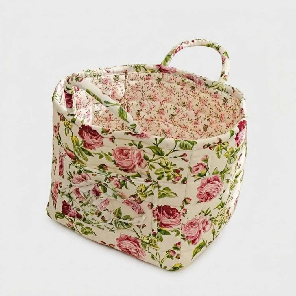 A square fabric storage basket with a floral print, featuring pink roses and green leaves on a cream background, with a top handle, shown on a light gray background.