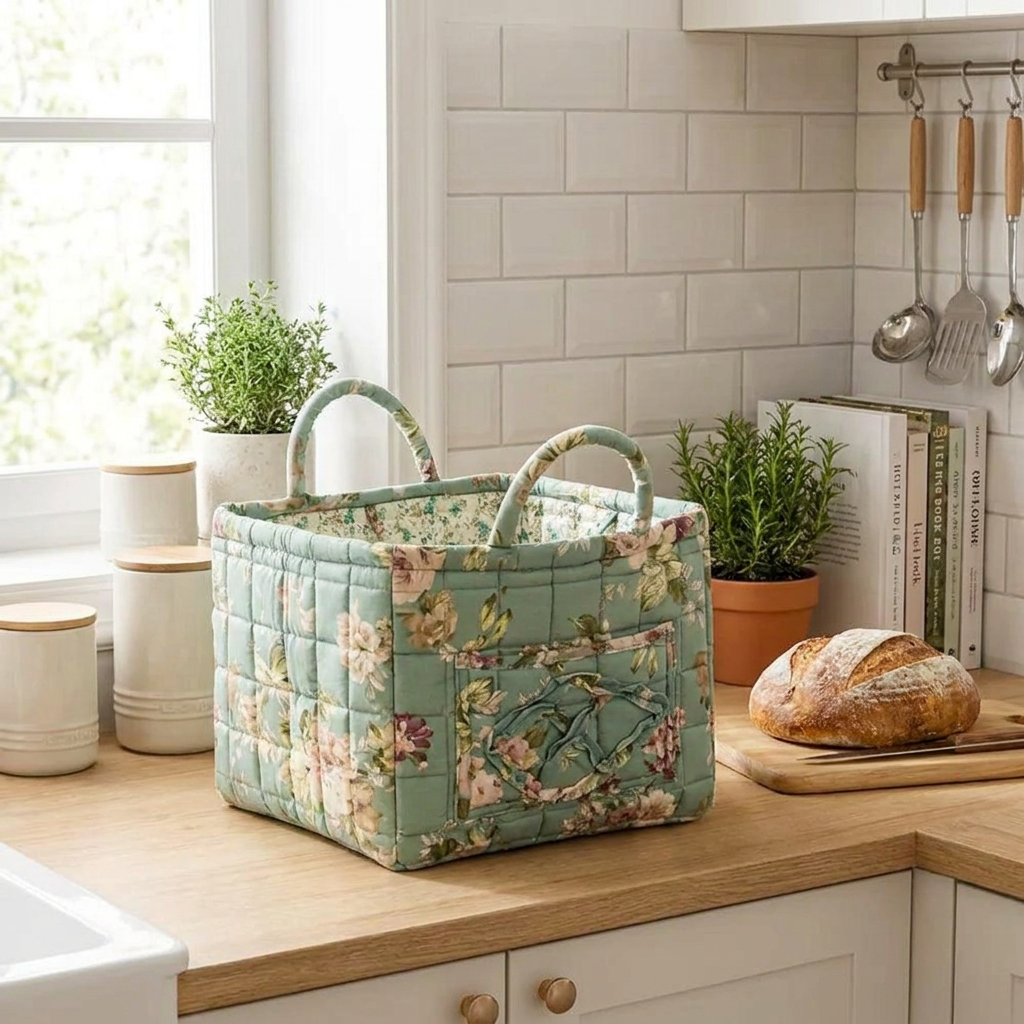 A quilted fabric storage basket with floral print and two top handles sits on a wooden kitchen counter. The basket has a sage green base with pink, yellow, and white floral details.