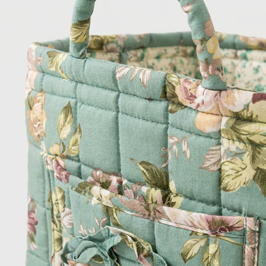 A close-up of a quilted fabric tote bag in a muted sage green color with a floral print in pink, beige, and olive green. The bag features a padded top handle and a quilted front pocket.
