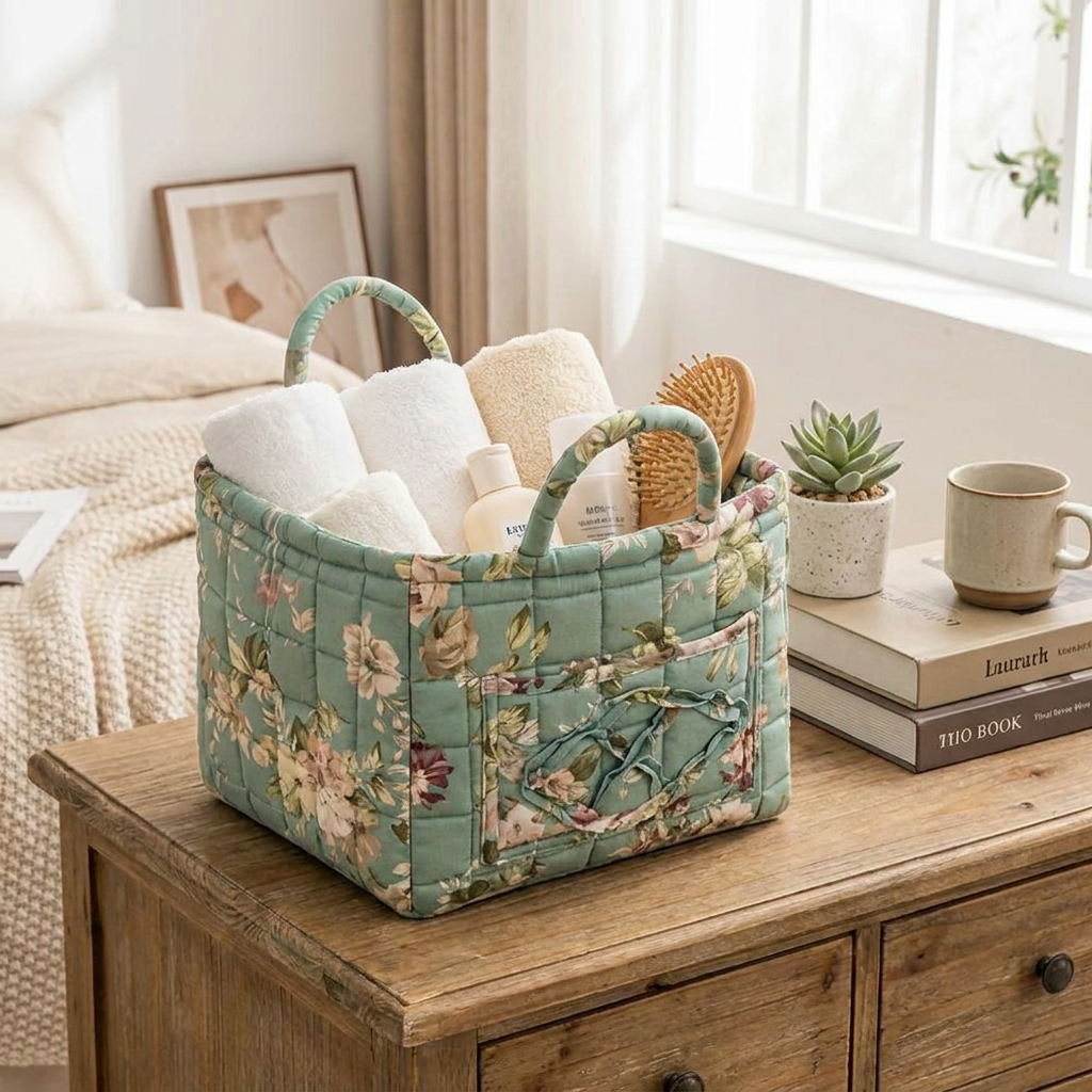 A quilted fabric storage basket with a floral print sits on a wooden bedside table in a softly lit bedroom. The basket contains rolled towels, bath items, and a hairbrush, with books, a mug, and a small plant nearby.