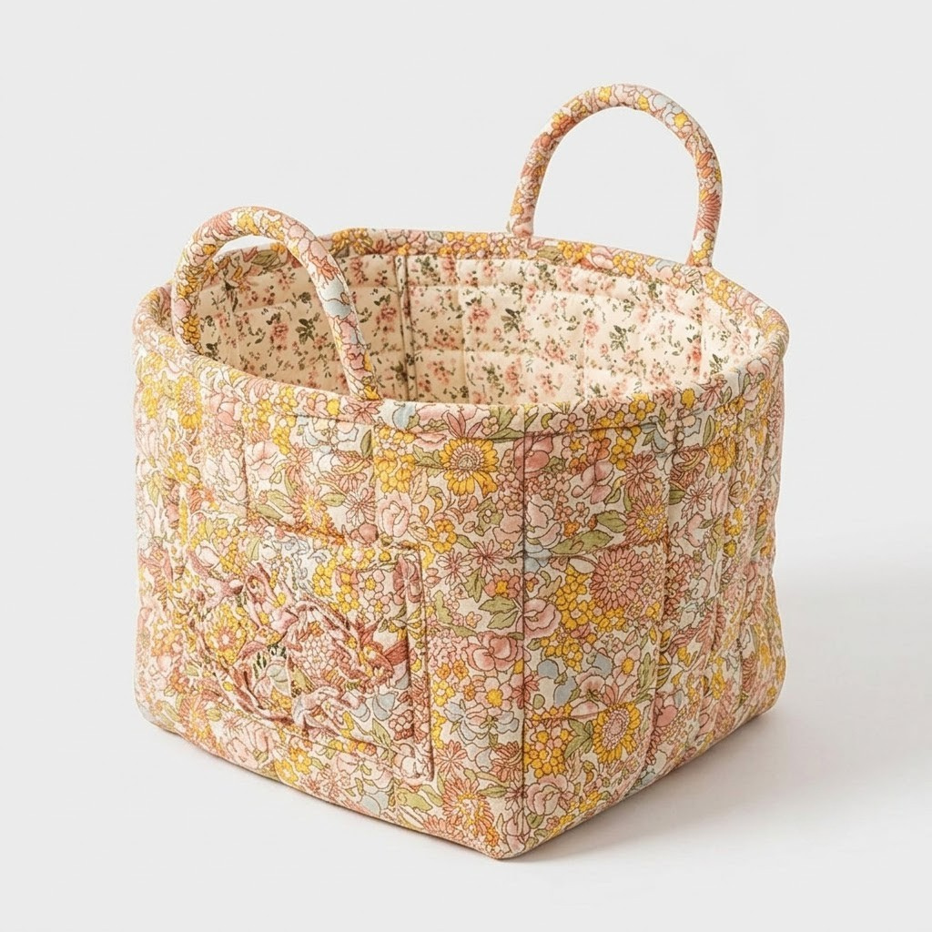 A quilted fabric storage basket with a vintage floral print in muted pink, yellow, and green tones, featuring two top handles on a light gray background.