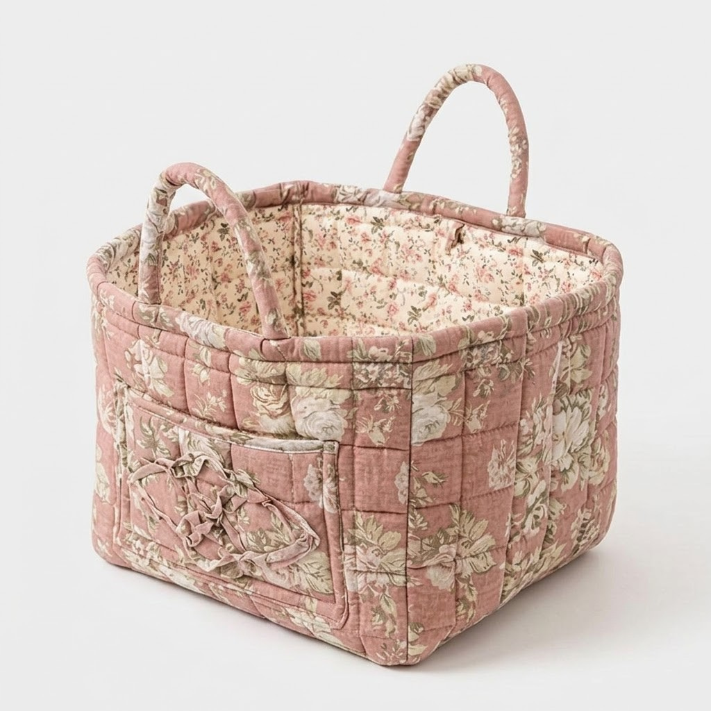 A quilted fabric storage basket with floral print in dusty pink and cream, featuring two top handles and a front pocket, photographed on a light gray background.