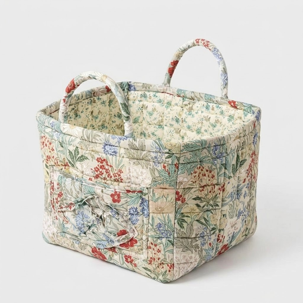 A square quilted fabric storage basket with a floral print, featuring two top handles and a front pocket, shown on a light gray background.
