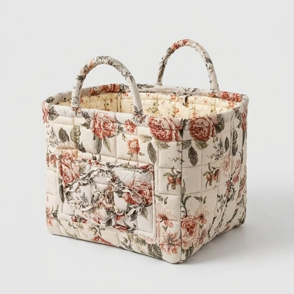 A quilted fabric storage basket with a floral print, featuring two top handles and a front pocket, set against a plain light gray background.
