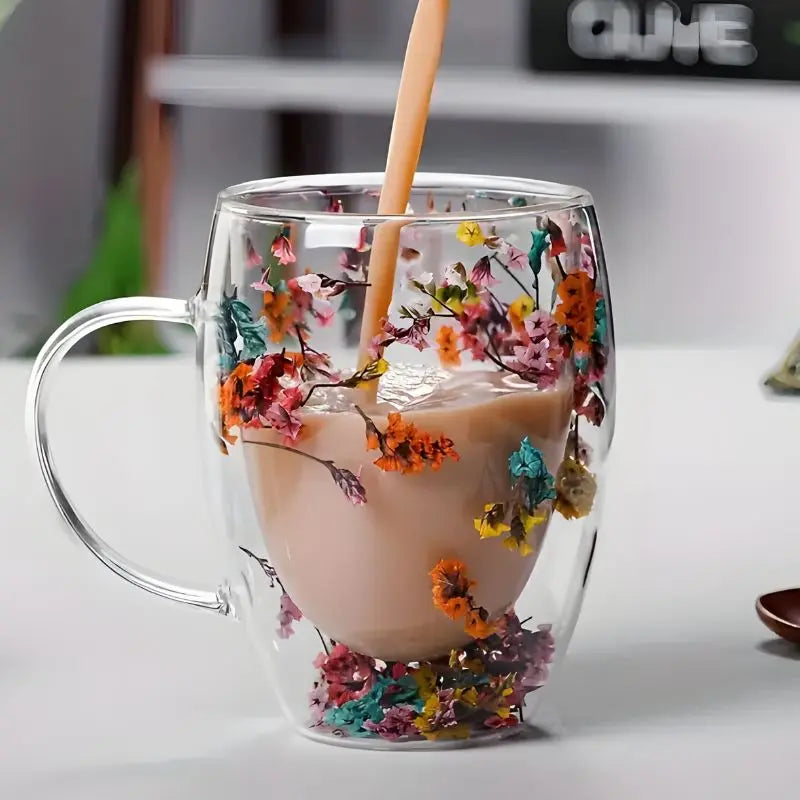 Floral Glass Mug, Double-Walled 350ml 0