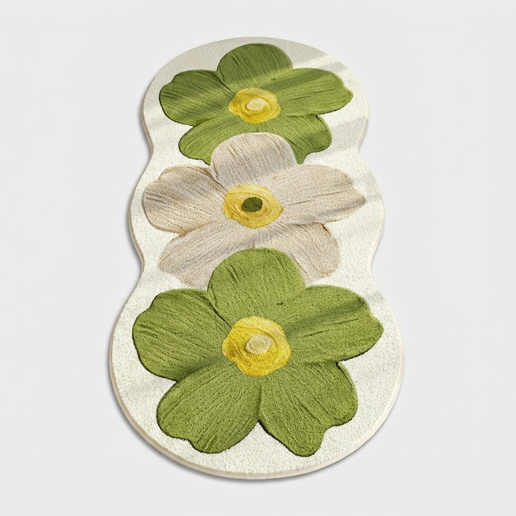 A small decorative mat or plaque with an irregular elongated shape, featuring two green flowers and one cream flower with yellow centers on a light textured background, shown on a plain light gray background.