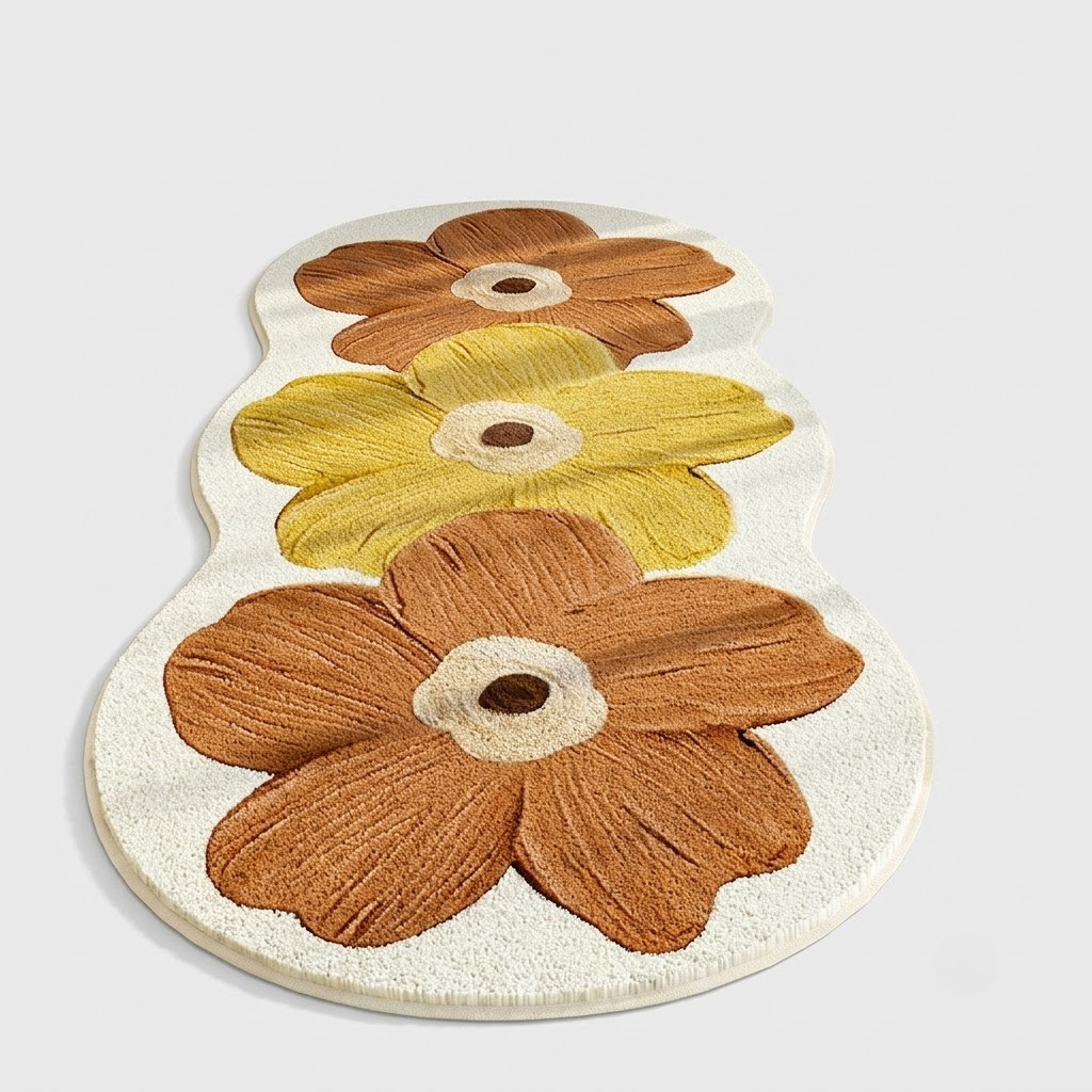 An irregularly shaped cream-colored rug featuring three large, stylized 3D flowers in brown and yellow, set against a light gray background.