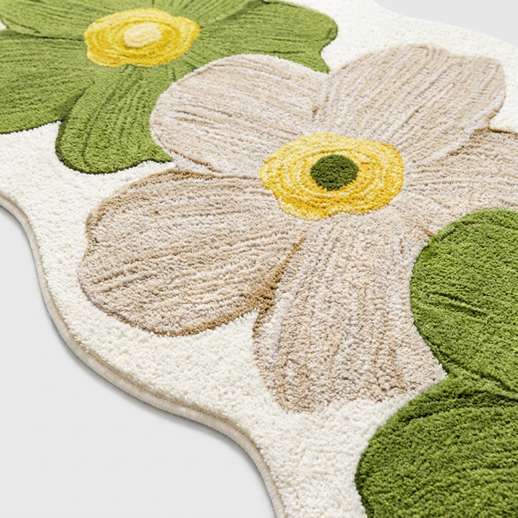 A close-up of a textured floral rug with large cream-colored petals, green leaves, and bright yellow flower centers on a white base.