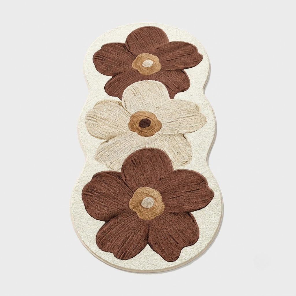 A textured, scalloped-edge bath mat featuring a retro floral design with two dark brown flowers and one cream flower on an off-white background, shown against a light gray studio backdrop.