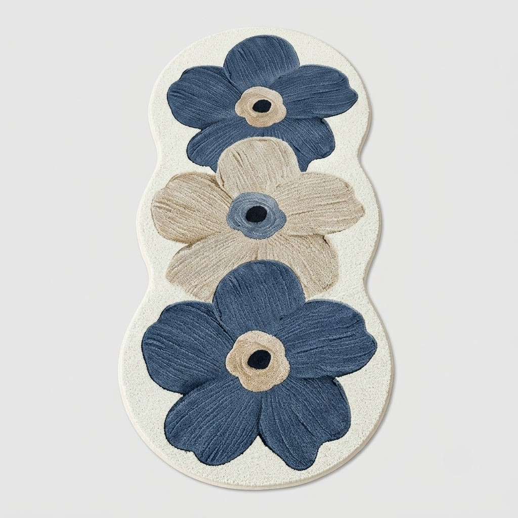 An irregularly shaped white rug featuring a vertical arrangement of three hand-painted style flowers in navy blue and beige, set against a light gray background.