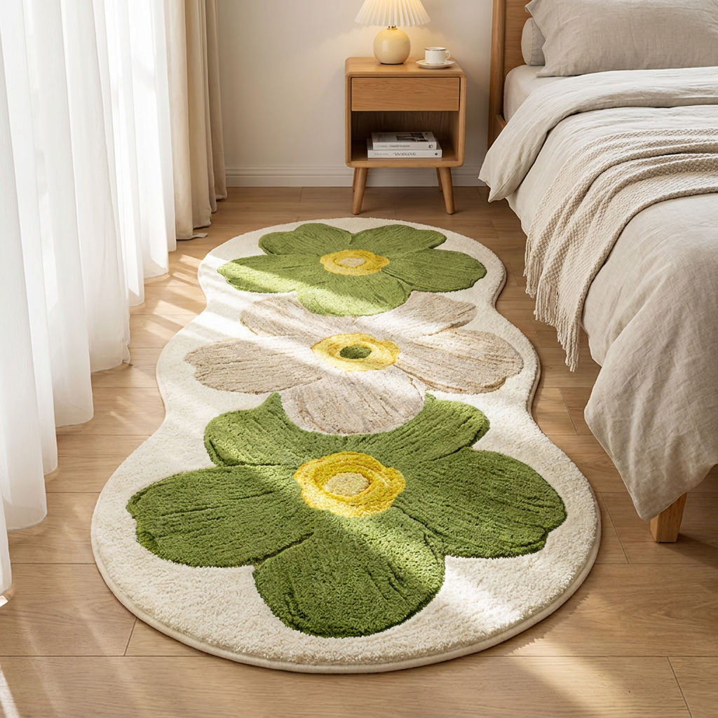 A plush, wavy-shaped area rug with large 3D flower designs in shades of green, cream, and yellow, styled on a light wood floor in a bright bedroom next to a bed and wooden nightstand.