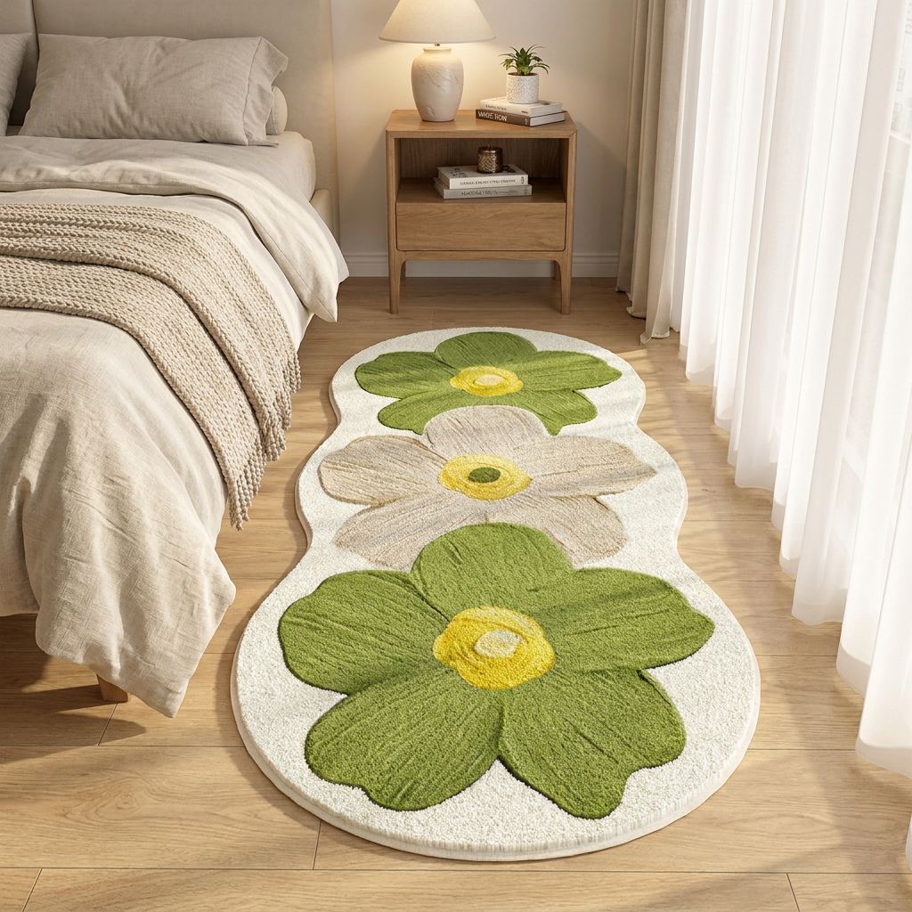 A long, wavy area rug with large 3D floral designs in green, cream, and yellow, styled on a light wood floor in a cozy bedroom next to a bed and nightstand.