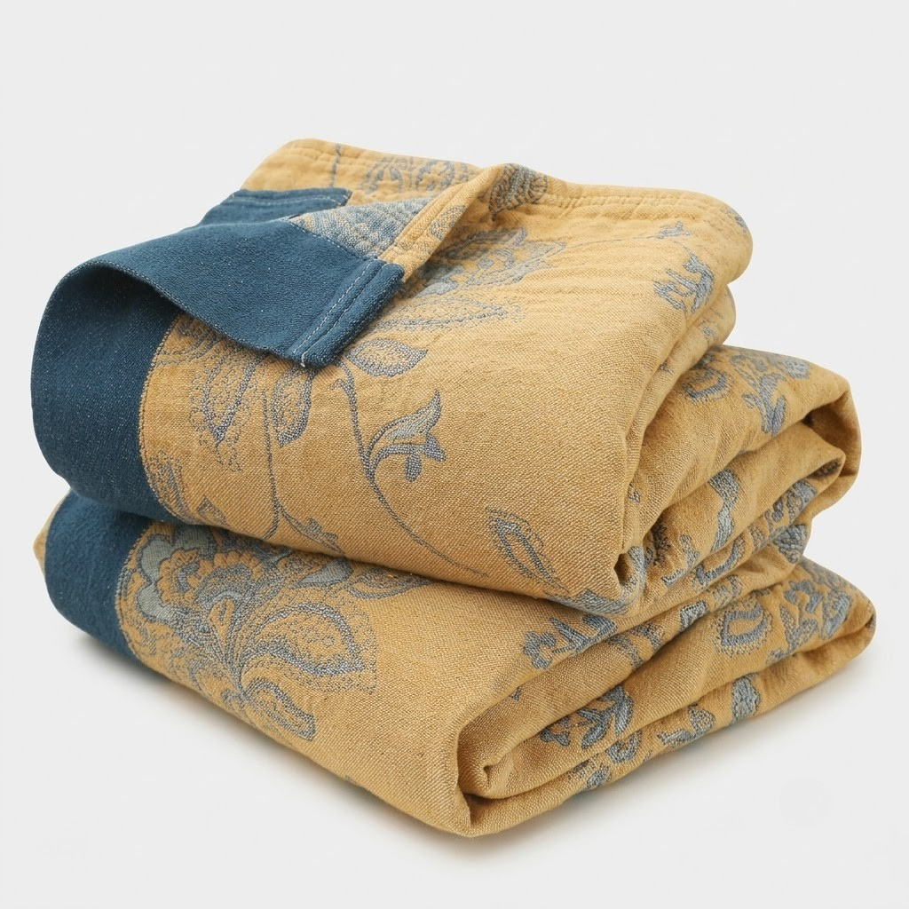 A folded mustard yellow quilted blanket with a blue floral pattern and a solid blue reverse side, shown on a light gray background.