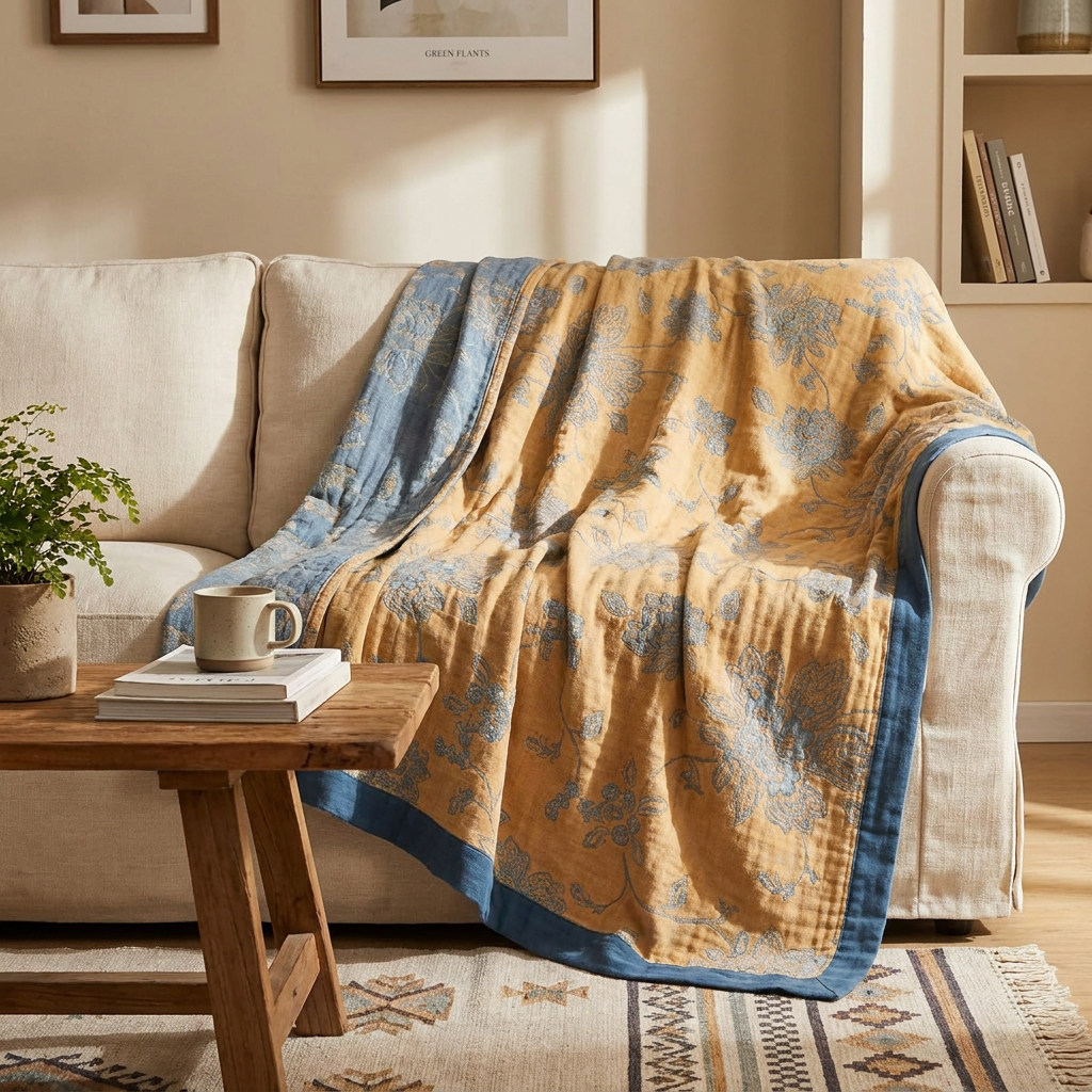 A mustard yellow quilted blanket with a blue floral pattern and blue border is draped over a cream-colored sofa in a cozy living room setting.