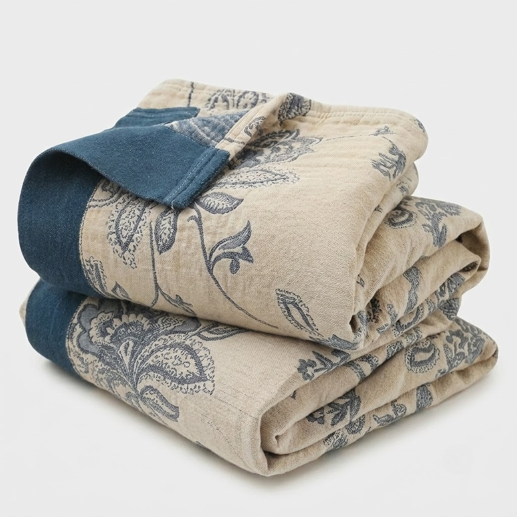 A folded quilted cotton blanket in a natural beige color with a blue-gray floral paisley pattern and solid dark blue borders, shown on a light gray background.