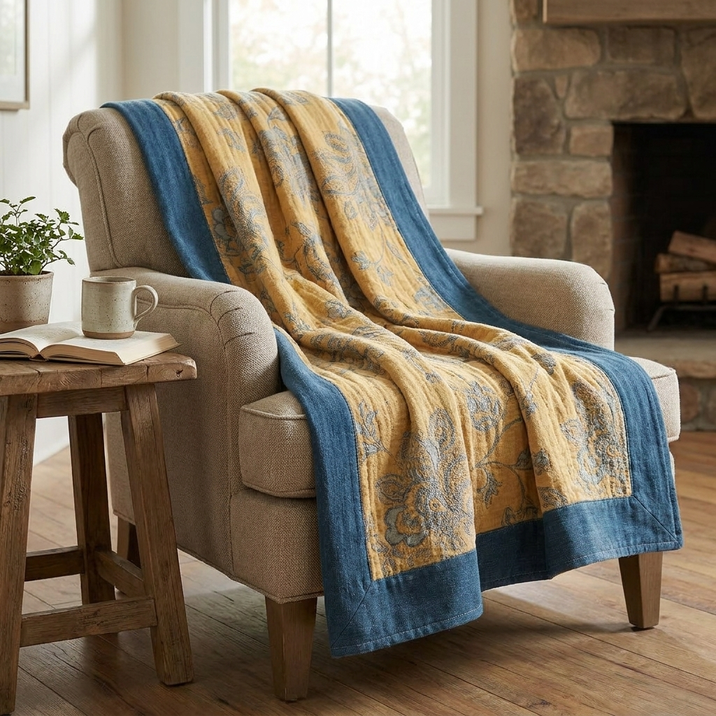 A cozy mustard yellow quilted blanket with a blue floral pattern and solid blue borders, draped over a beige armchair in a warm, rustic living room setting.