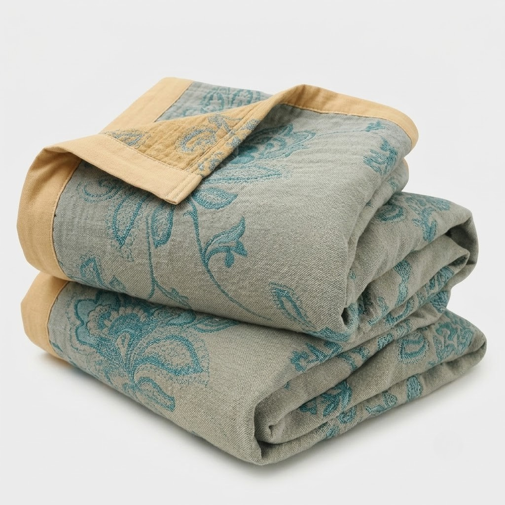 A folded quilted blanket with a sage green floral pattern and a tan border, shown on a light gray background.