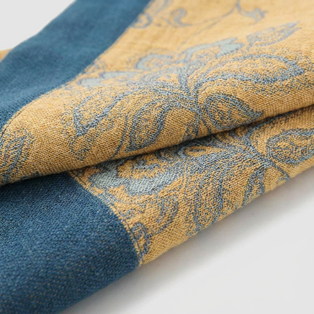 A folded woven textile, likely a throw blanket or scarf, featuring a mustard yellow base with a dusty blue floral damask pattern and solid blue borders.