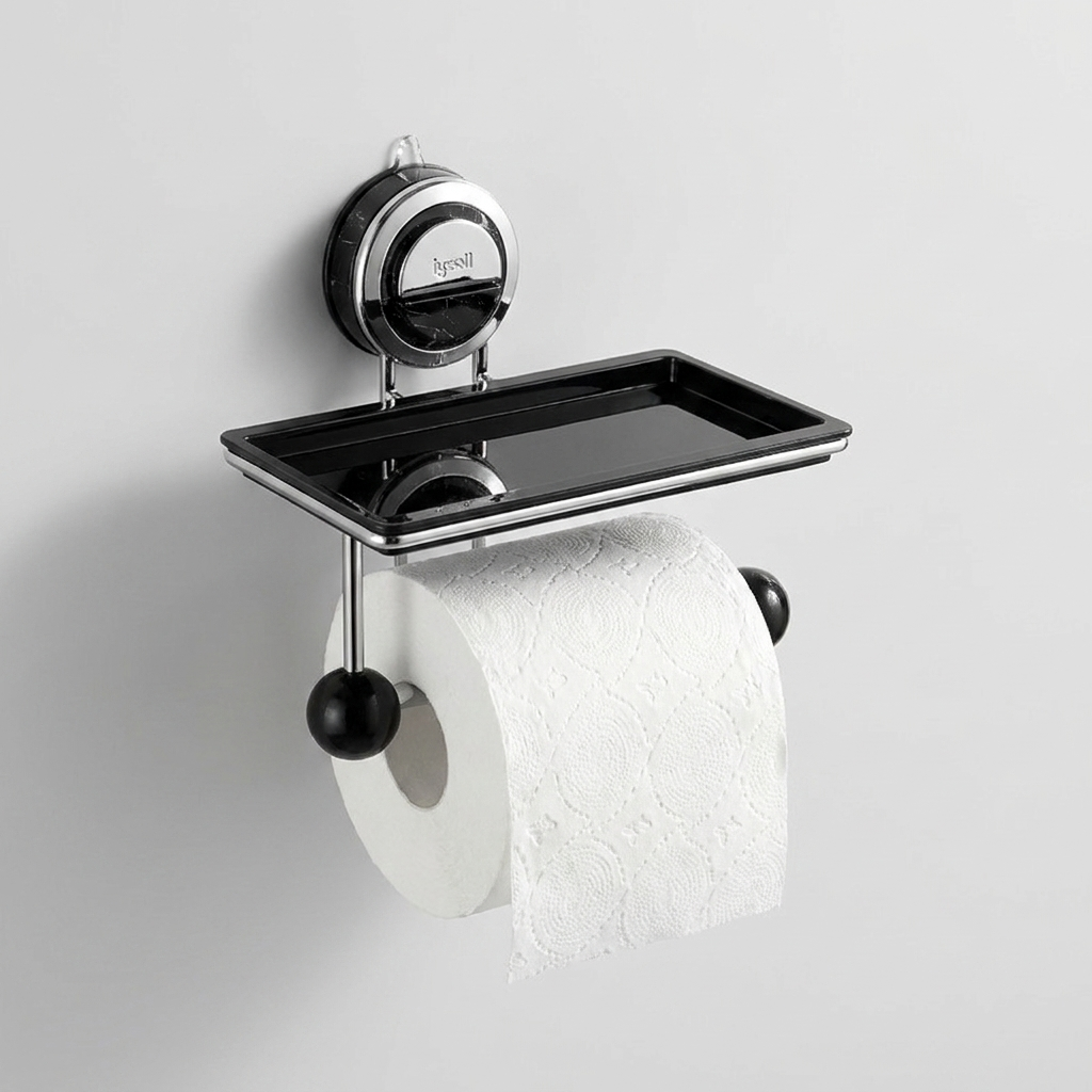 A wall-mounted toilet paper holder with a black tray and black toilet paper roll holder, shown holding a white toilet paper roll against a light gray wall.