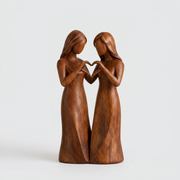 A medium brown wooden figurine of two women in long dresses forming a heart shape with their hands, set against a plain light gray background.