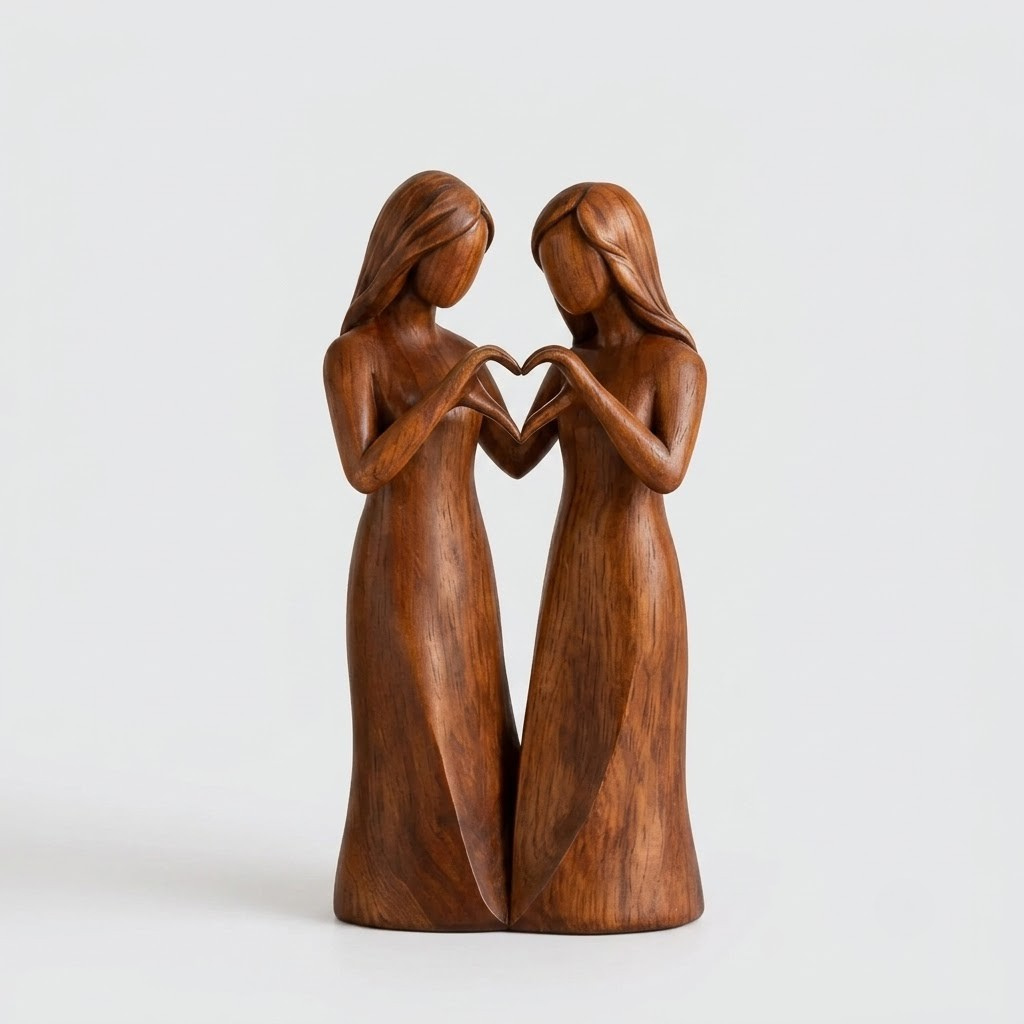 A medium brown wooden figurine of two women in long dresses forming a heart shape with their hands, set against a plain light gray background.