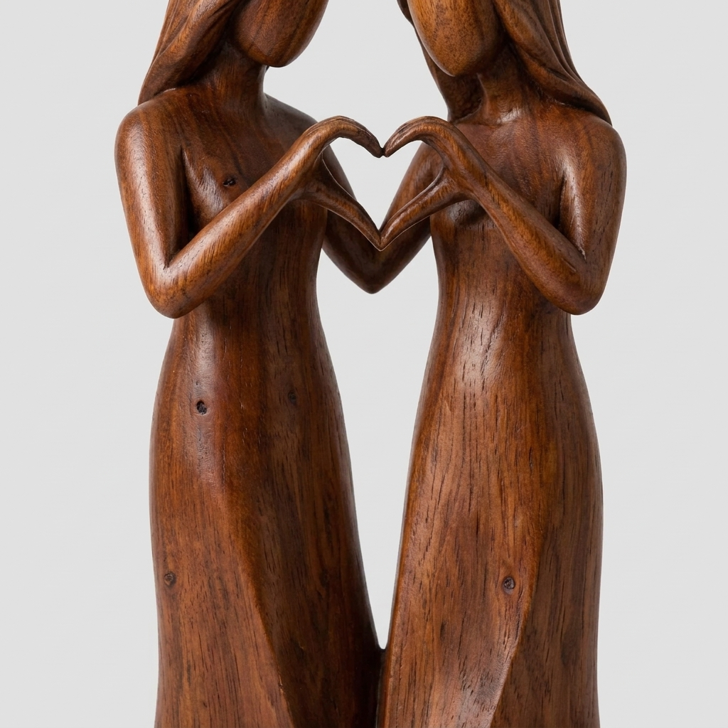 A close-up of a carved wooden sculpture depicting two female figures with long hair forming a heart shape with their hands, set against a solid light gray background.