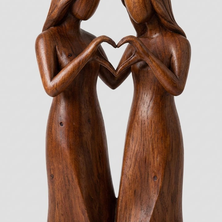 A close-up of a carved wooden sculpture depicting two female figures with long hair forming a heart shape with their hands, set against a solid light gray background.