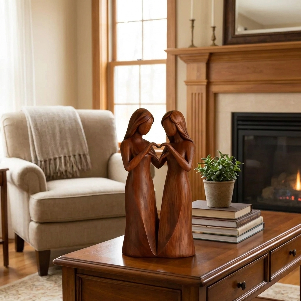 A pair of wooden figurines depicting two women in long dresses forming a heart shape with their hands, displayed on a wooden coffee table in a cozy living room setting with a fireplace, armchair, and books.