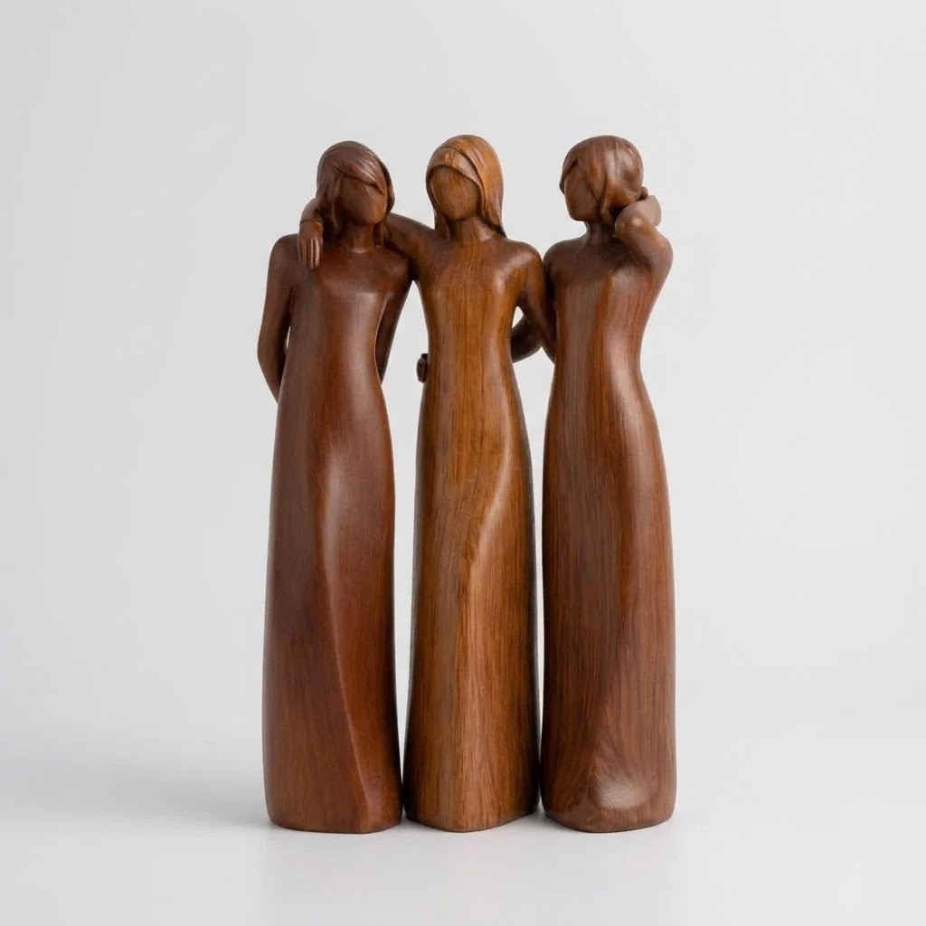 Three-dimensional wooden sculpture of three women standing together, carved from medium brown wood with visible grain, set against a plain light gray background.