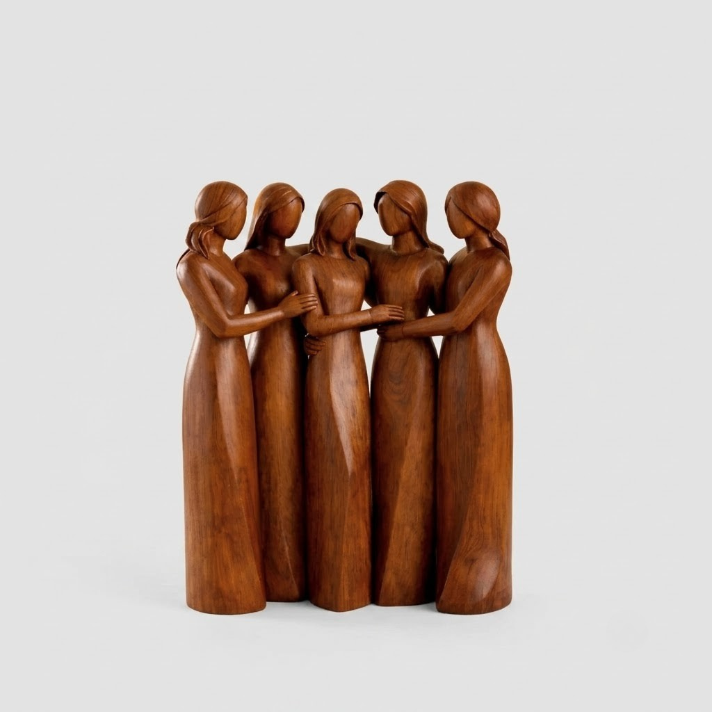 A carved wooden sculpture of five women standing together in long dresses, shown against a plain light gray studio background.