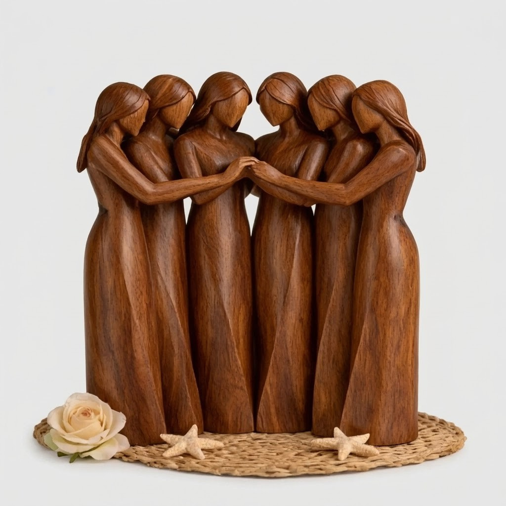 A carved wooden sculpture of five women standing together and holding hands, displayed on a woven base with a pale rose and two starfish props against a light gray background.