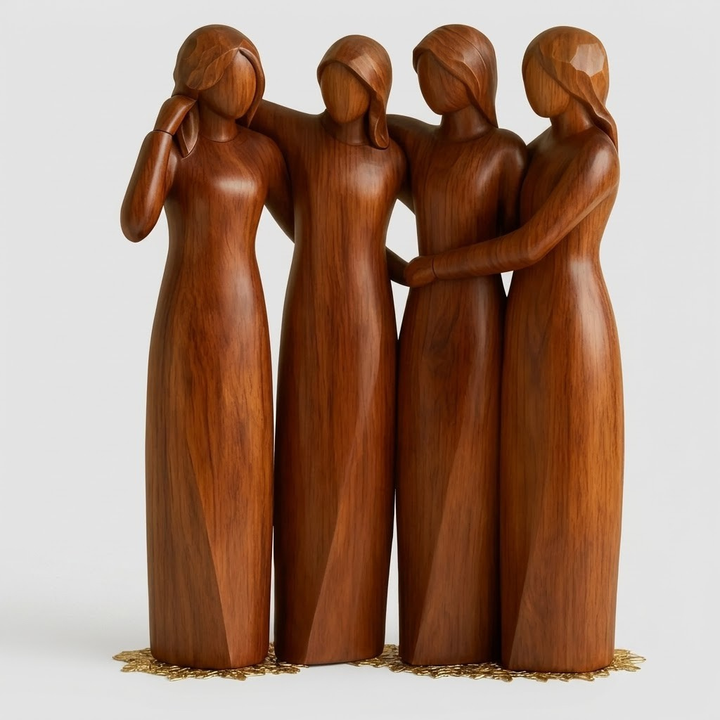 A set of four hand-carved wooden figurines depicting women in long dresses, standing together on a light gray background.