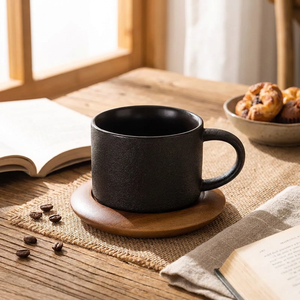 A matte black ceramic coffee mug with a wooden saucer, styled on a rustic wooden table with an open book, coffee beans, and pastries in the background.