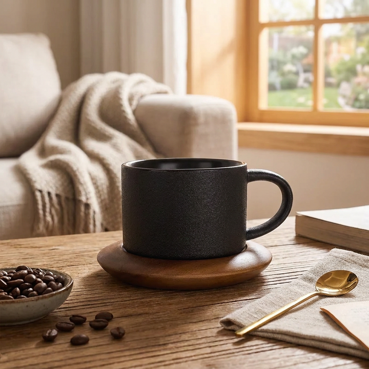 A matte black ceramic mug with a wooden saucer sits on a rustic wooden table in a cozy living room setting, with coffee beans, a gold spoon, and a book nearby.