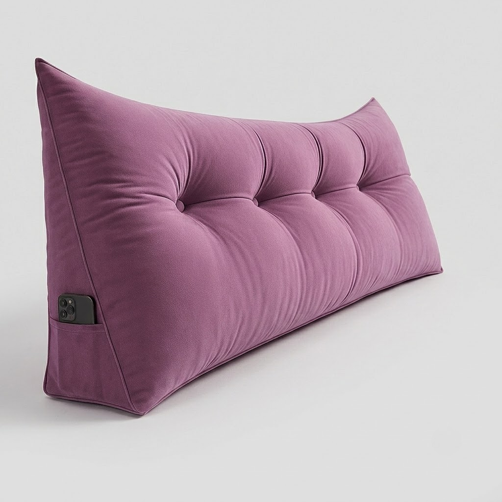 A long, triangular tufted lumbar pillow in a dusty mauve-purple velvet fabric, shown on a light gray background. A black smartphone is tucked into its side pocket.