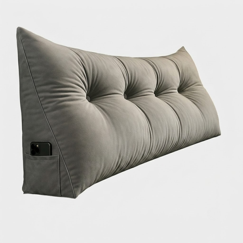Gray wedge-shaped pillow with a small black pocket on a white background