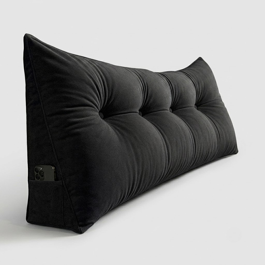 A long, black tufted lumbar pillow with a side pocket holding a smartphone, photographed on a clean light gray background.