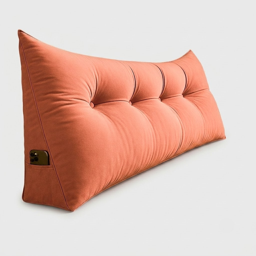 A long, triangular floor cushion in a warm terracotta orange color, featuring tufted button detailing across the top and a side pocket holding a smartphone, set against a plain light gray background.