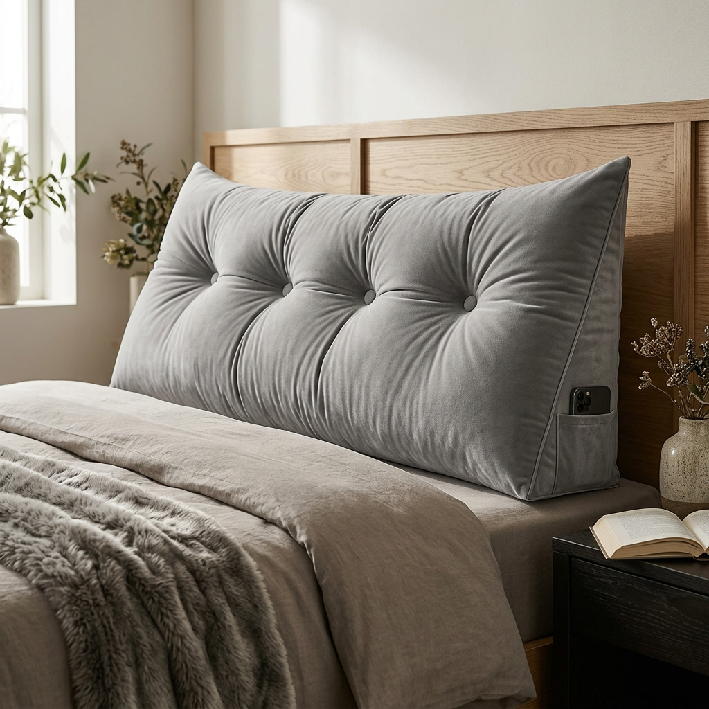 A large tufted gray wedge pillow leaning against a wooden headboard on a bed with neutral bedding, in a softly lit bedroom setting.