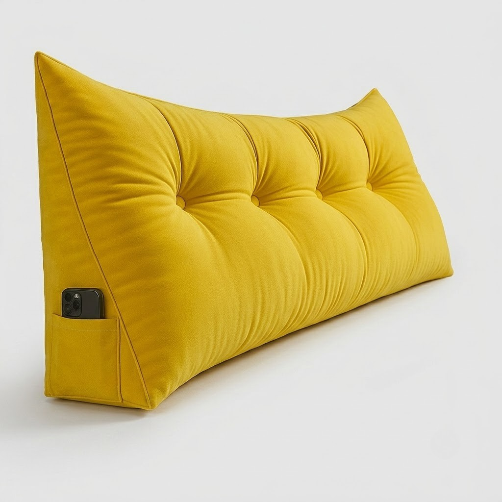 A bright yellow tufted lumbar pillow with a side pocket holding a black smartphone, photographed on a clean light gray studio background.