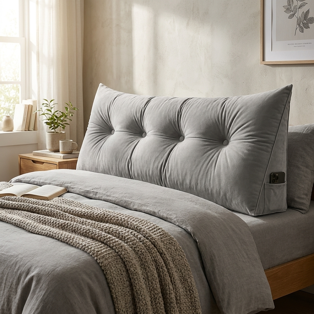 A large tufted gray pillow leaning against the head of a bed in a softly lit bedroom. The bed is made with matching gray bedding and a chunky beige knit throw blanket.