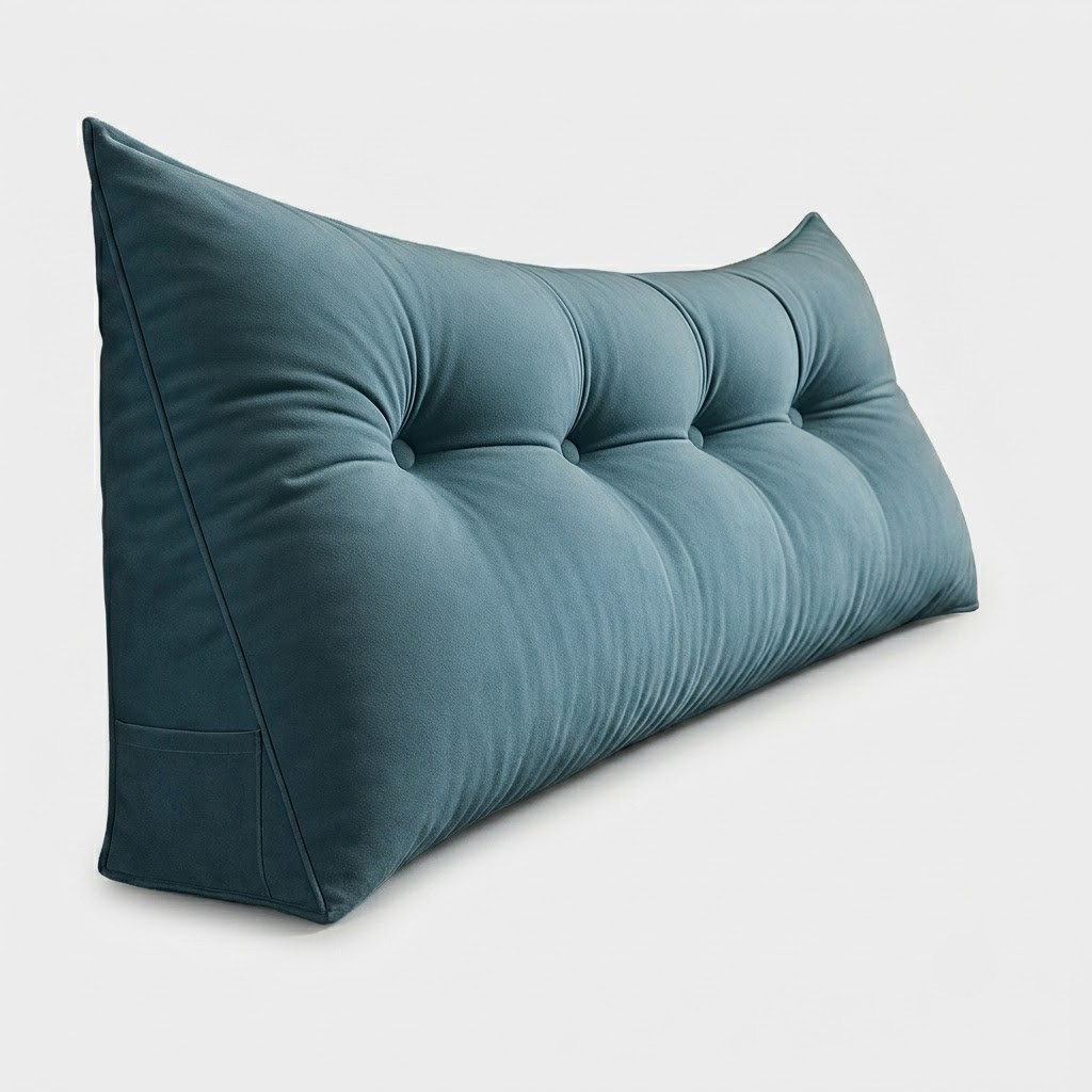 A long, triangular lumbar pillow in a textured teal blue velvet fabric, featuring a tufted button design along the top, shown on a light gray background.