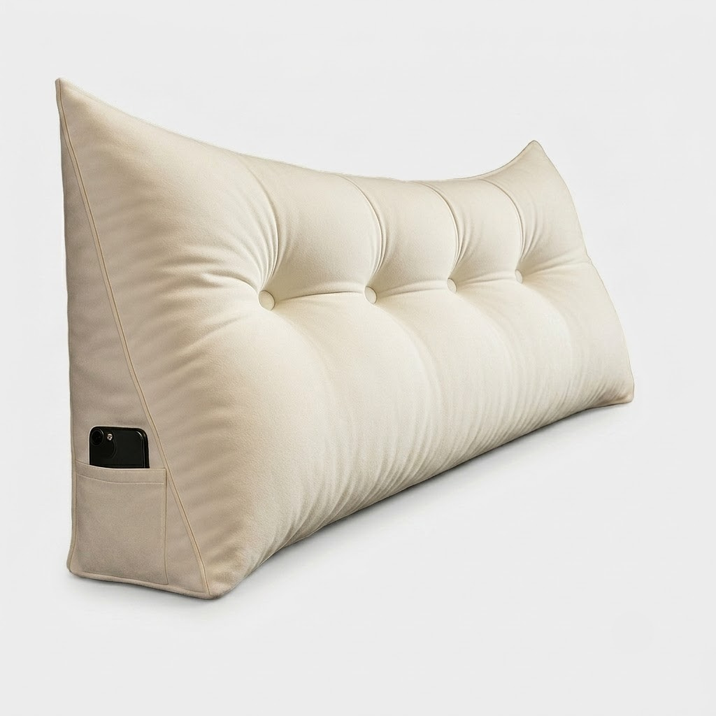 A cream-colored triangular lumbar pillow with tufted button details and a side pocket containing a black smartphone, shown on a light gray background.