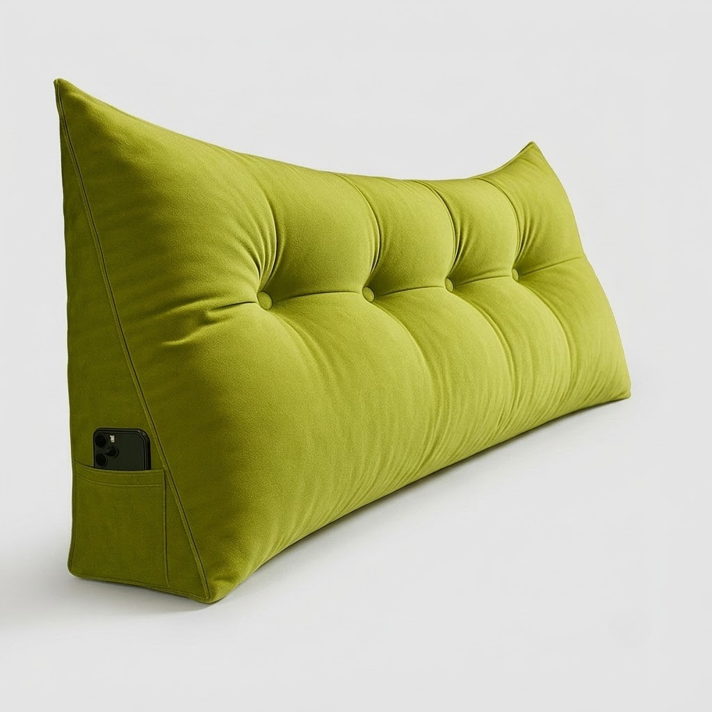 A lime green tufted wedge floor cushion with a side pocket holding a black smartphone, shown on a light gray background.