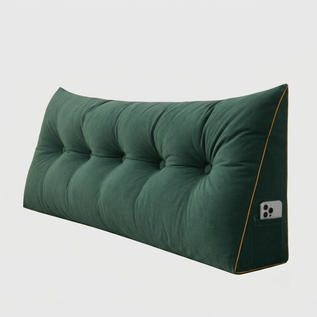 A dark green tufted wedge floor cushion with a side pocket holding a smartphone, shown on a light gray background.