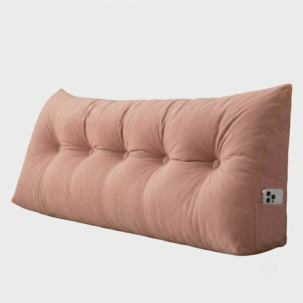 A dusty rose pink tufted lumbar pillow with a side pocket holding a smartphone, shown on a light gray background.