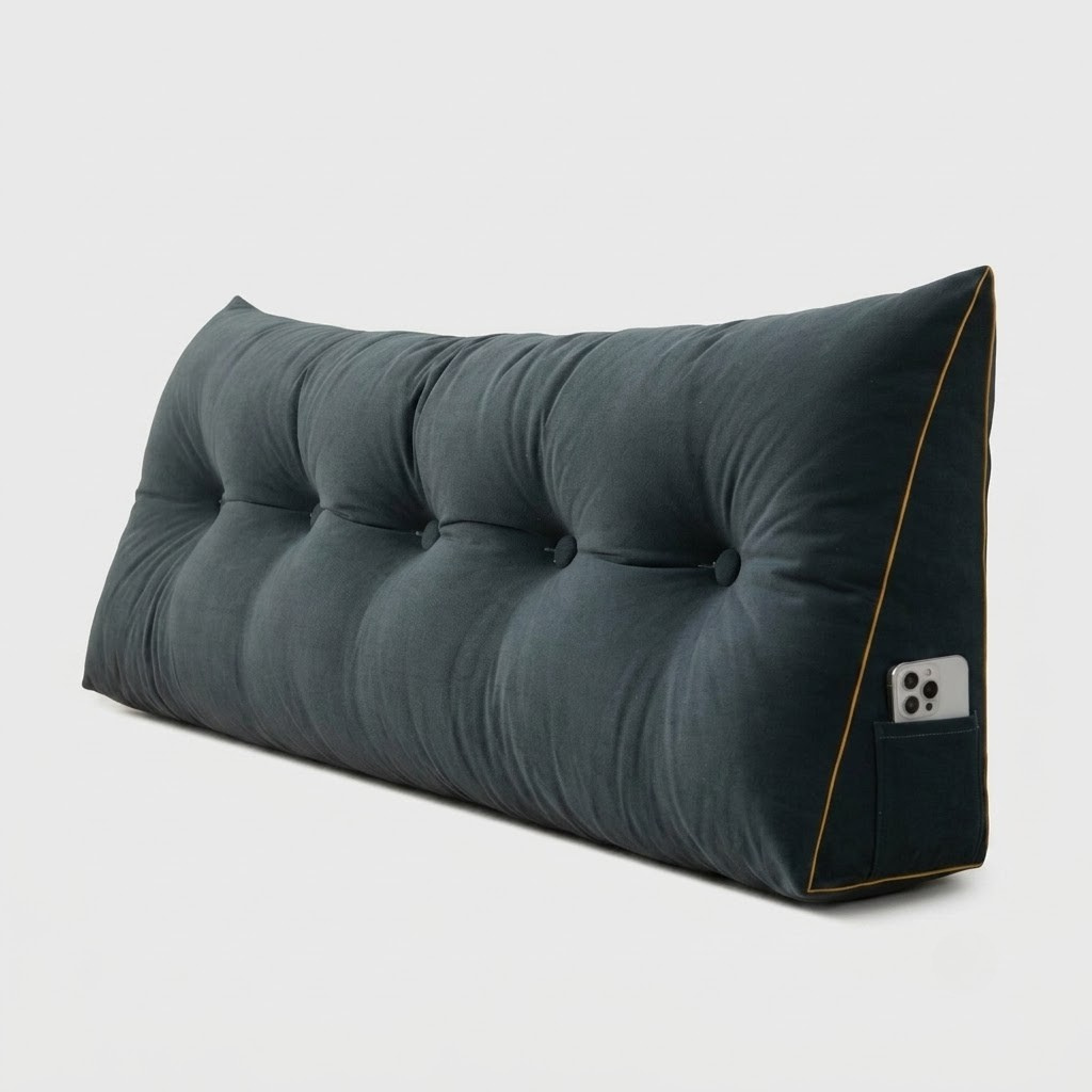 A dark slate blue tufted wedge pillow with gold piping and a small white phone case pocket on the side, shown on a light gray background.