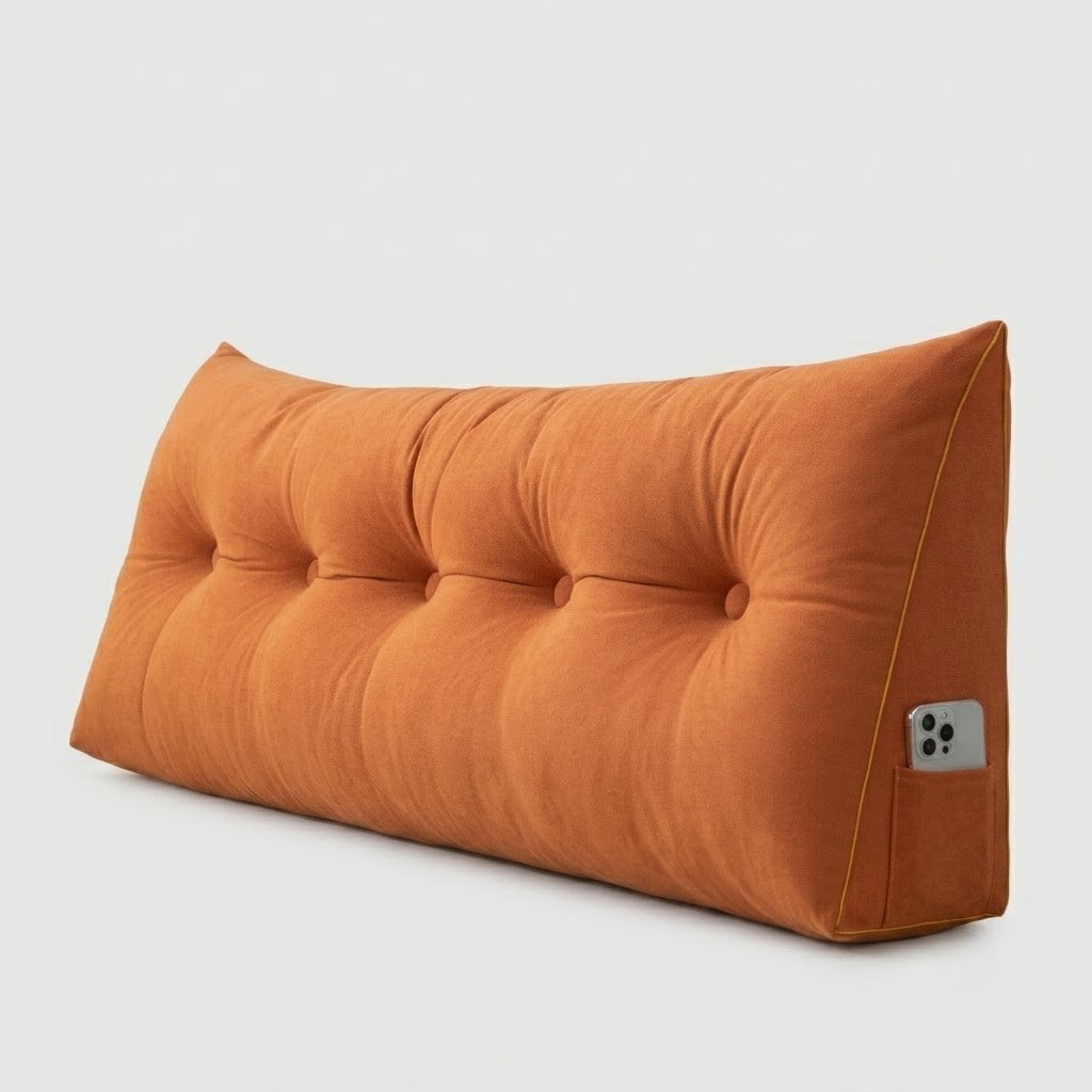 An orange tufted lumbar pillow with a side pocket holding a smartphone, shown on a light gray background.