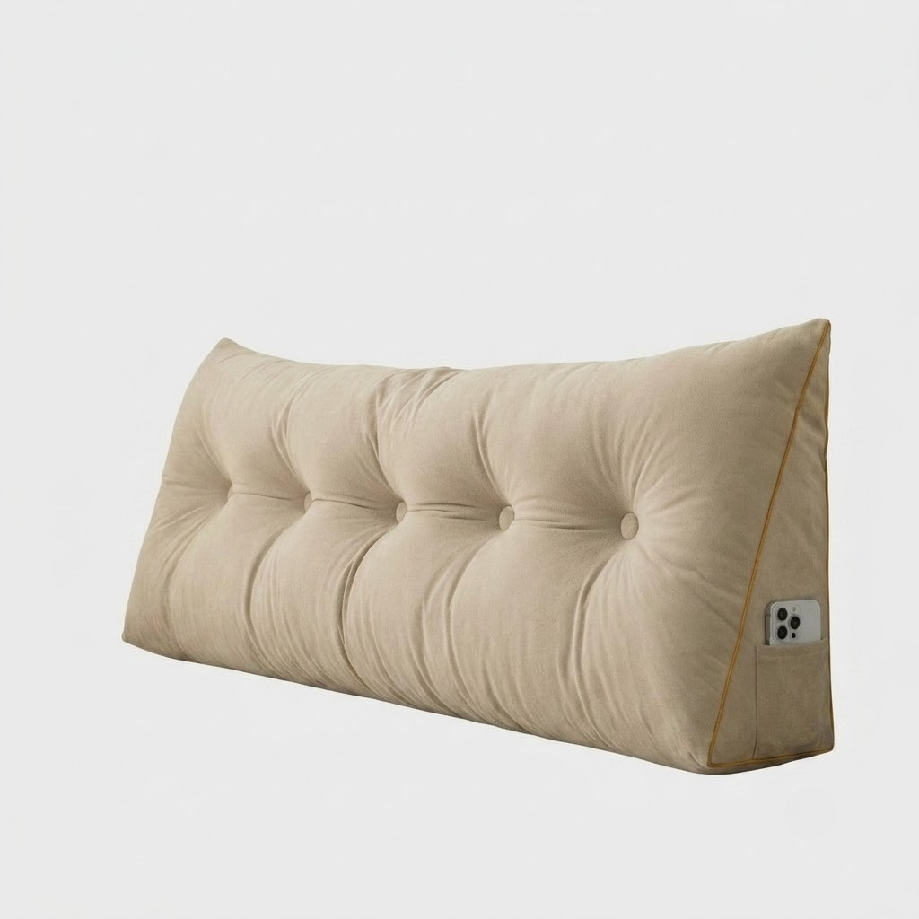 A beige tufted lumbar pillow with a side pocket holding a smartphone, shown on a light gray background.